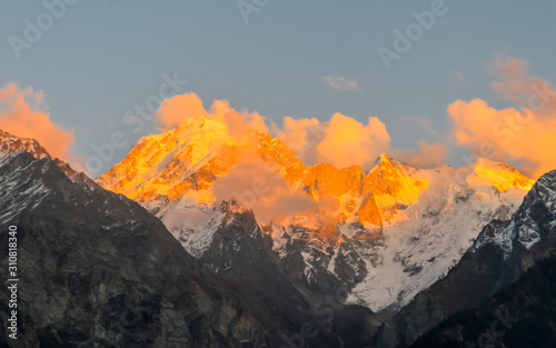 Mount Kailash or Kailasa Mountain Himalayan ranges (Tibetan name Gangs Rinpoche means Precious Snow Mountain) sacred place of Lord Shiva in sunset Sun light. View from Kinnaur, Himachal Pradesh India.