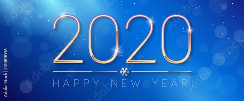 2020 Happy New Year Background, Card, Banner, Flyer Or Christmas Themed Invitations. Blue Illustration With Golden Digits And Snowflake. Ready For Your Design. Vector EPS10
