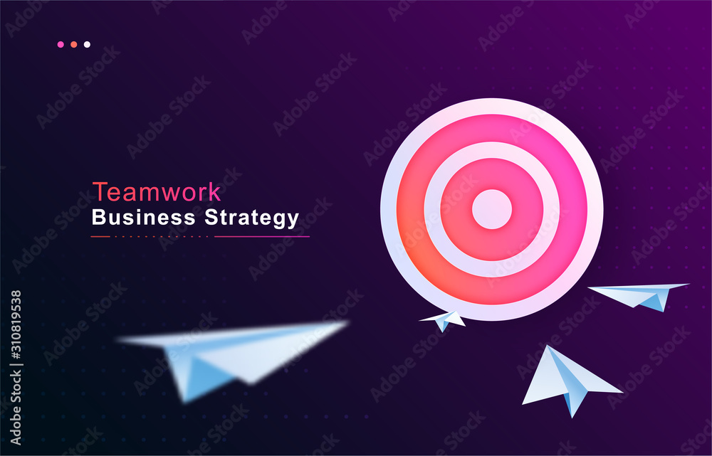 Fototapeta premium Business goal solution concept. Teamwork strategy. Paper planes flies to the abstract target vector background