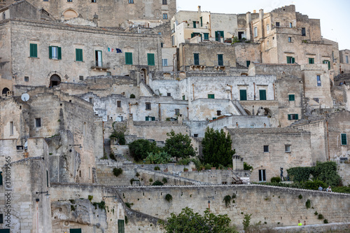 View of the Sassi di Matera a historic district in the city of Matera, well-known for their ancient cave dwellings. Basilicata. Italy