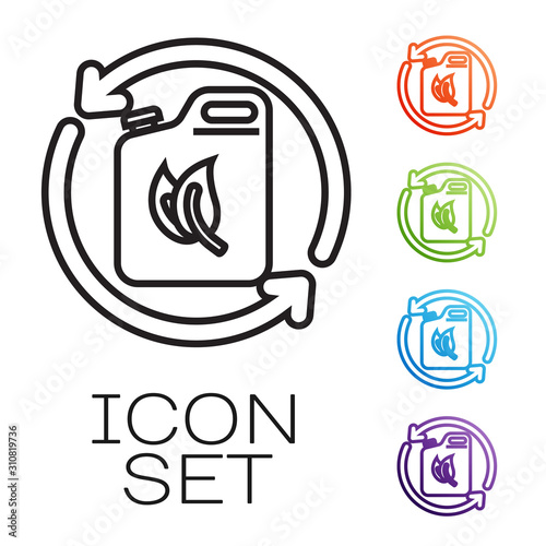 Black line Bio fuel canister icon isolated on white background. Eco bio and barrel. Green environment and recycle. Set icons colorful. Vector Illustration