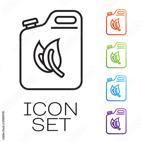 Black line Bio fuel canister icon isolated on white background. Eco bio and barrel. Green environment and recycle. Set icons colorful. Vector Illustration