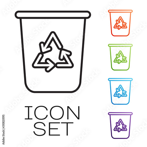 Black line Recycle bin with recycle symbol icon isolated on white background. Trash can icon. Garbage bin sign. Recycle basket sign. Set icons colorful. Vector Illustration