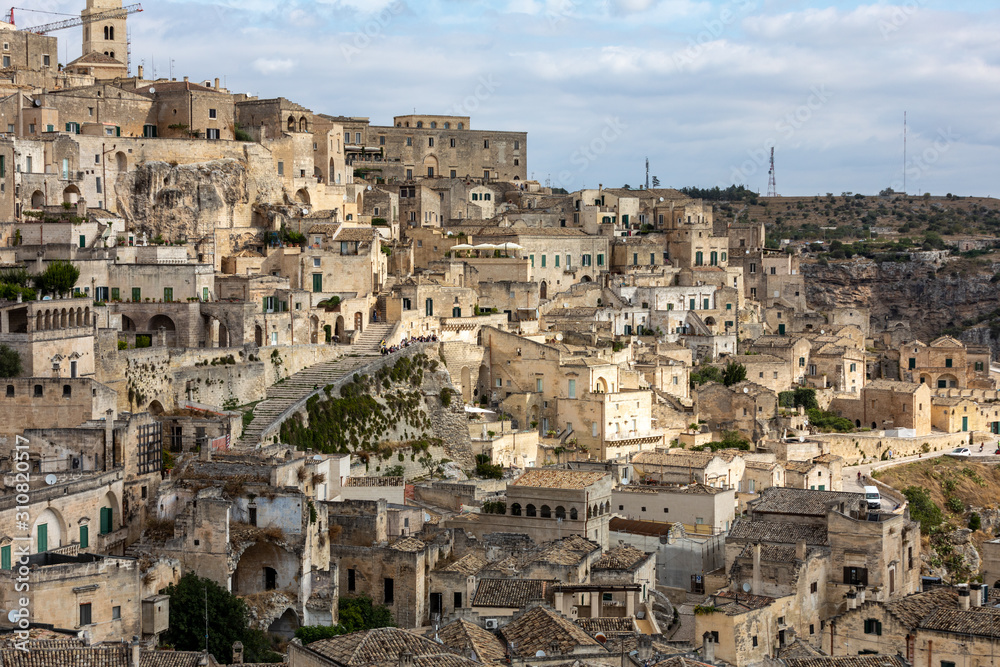  View of the Sassi di Matera a historic district in the city of Matera, well-known for their ancient cave dwellings. Basilicata. Italy