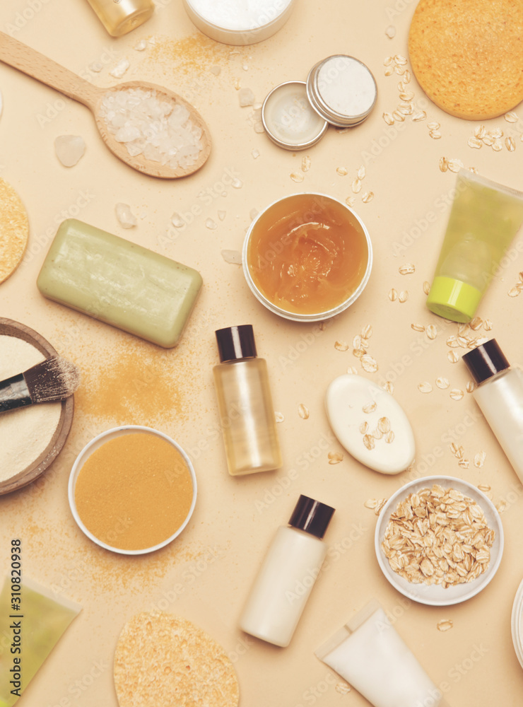 Natural organic cosmetic flat lay. Home spa concept. Skin, body and hair care products. Natural organic cosmetic flat lay. Home spa concept. Skin, body and hair care products.