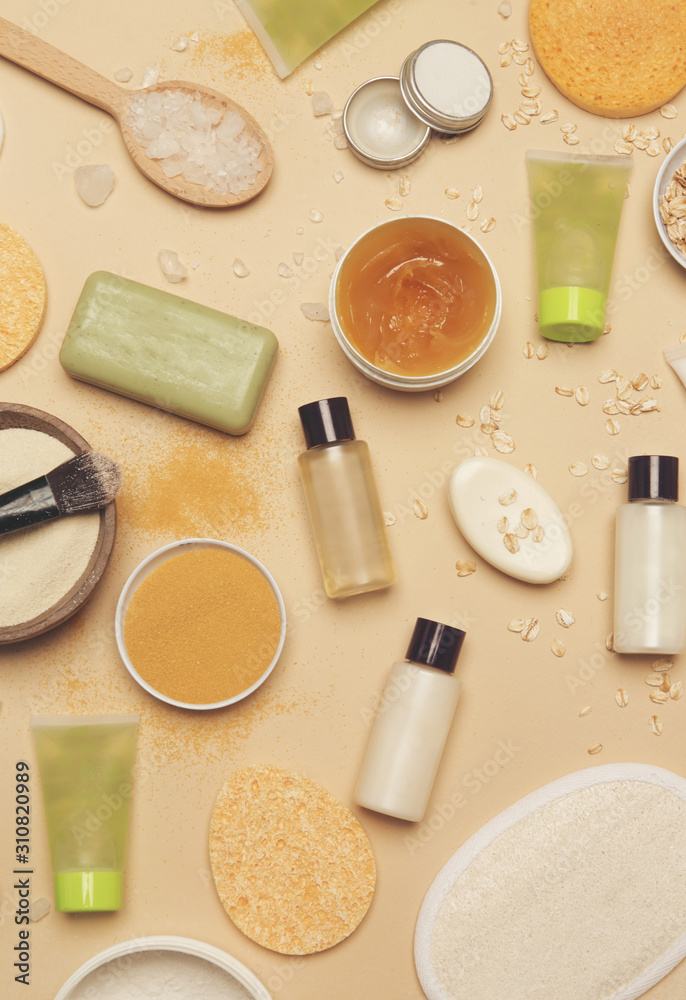 Natural organic cosmetic flat lay. Home spa concept. Skin, body and hair care products.	