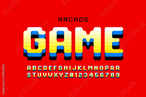 Arcade game style font design, retro 80s video game alphabet, letters and numbers