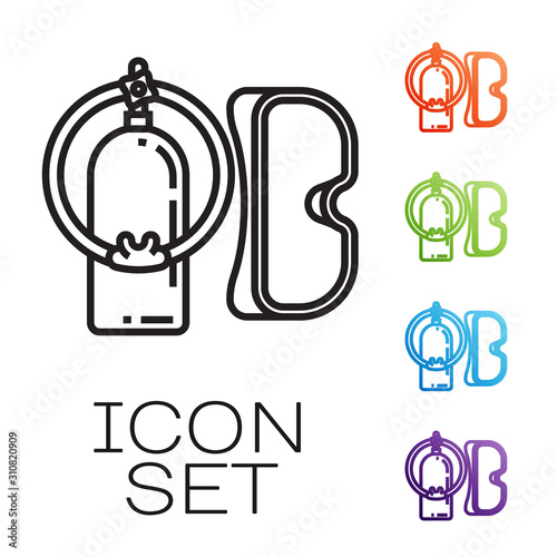 Black line Diving mask and aqualung icon isolated on white background. Oxygen tank for diver. Extreme sport. Sport equipment. Set icons colorful. Vector Illustration