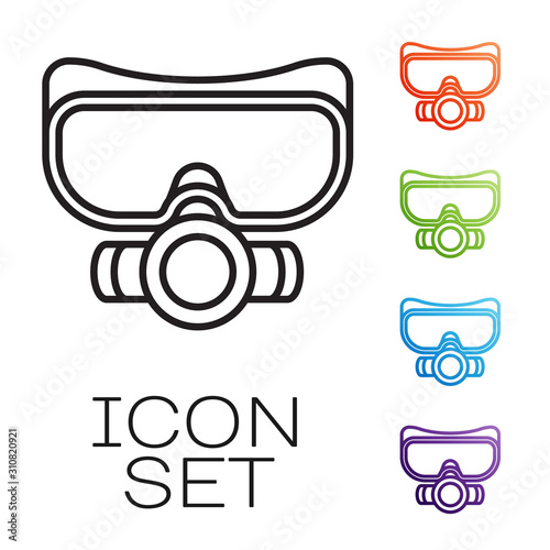 Black line Diving mask icon isolated on white background. Extreme sport. Sport equipment. Set icons colorful. Vector Illustration