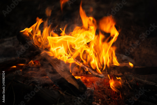 Close-up image of campfire at night. Heat from burning logs in the dark