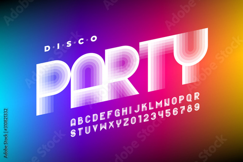 Disco Party 80's style font design, retro alphabet, letters and numbers