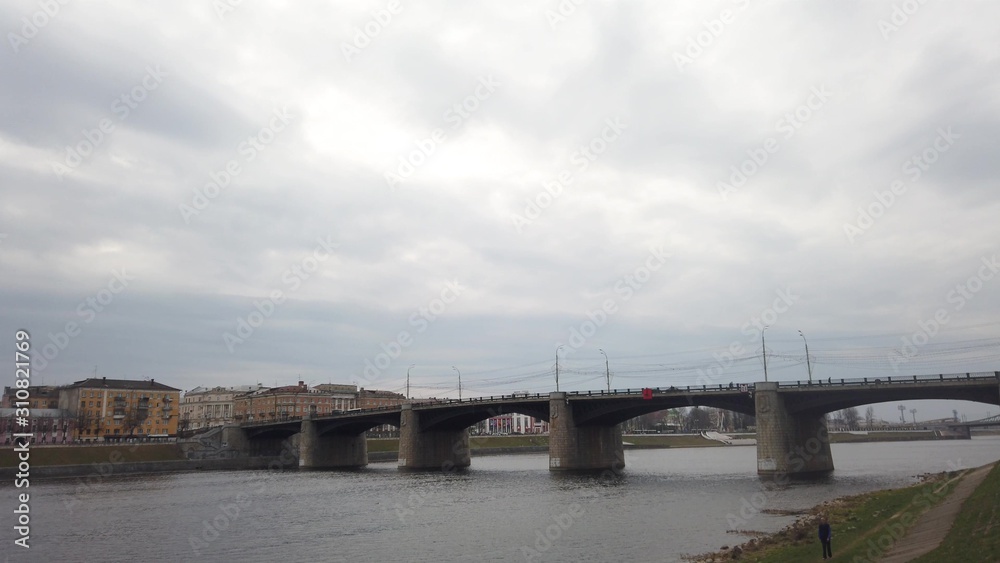 Fototapeta premium View of the embankment of the Volga River. The ancient Russian city of Tver.