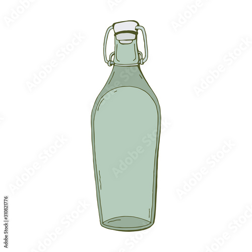 Empty glass utensils for storage in the vector. Bottle for drinks. Empty vessel for juice, milk, drink, wine. Hand drawn. Isolated object on white background.