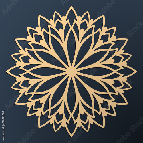 Laser cutting mandala. Golden floral pattern. Oriental silhouette ornament. Vector coaster design.