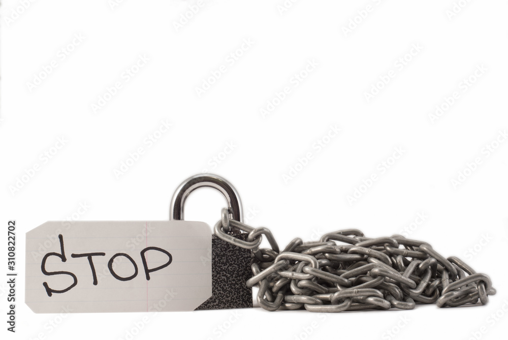 padlock on a white background. The lock is locked. The chain is metal. padlock on a white background. The lock is locked. The chain is metal.