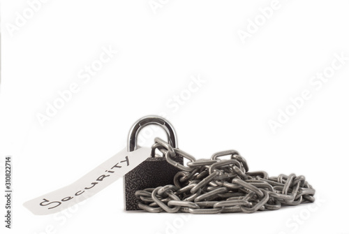 padlock on a white background. The lock is locked. The chain is metal.