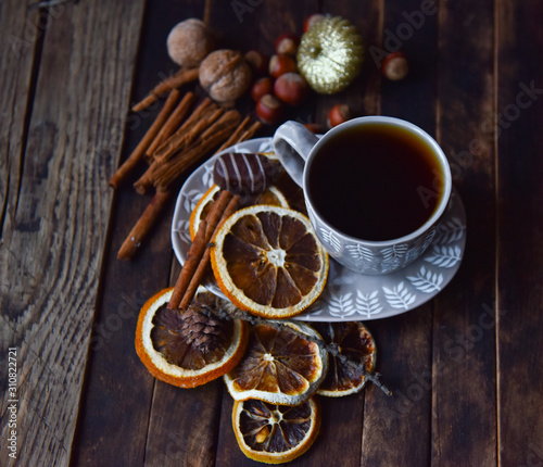 Cup of tea dried oranges still life