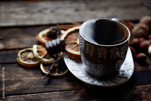 Cup of tea dried oranges still life