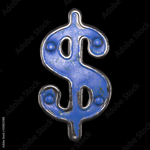 Symbol dollar made of painted metal with blue rivets on black background. 3d