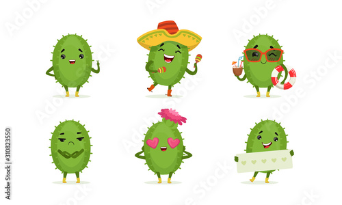 Cartoon Cactus Character Isolated on White Background Vector Set