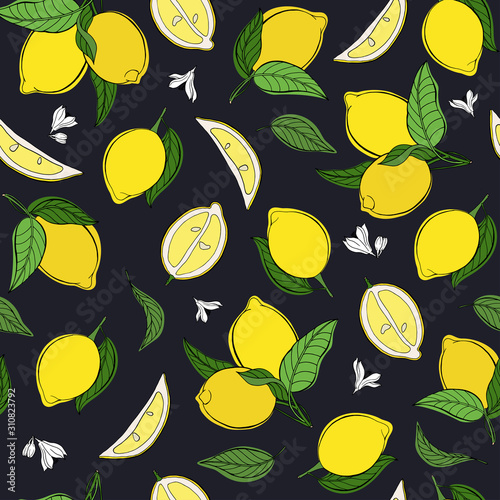 Vector seamless pattern with lemons, leaves and flowers of lemon