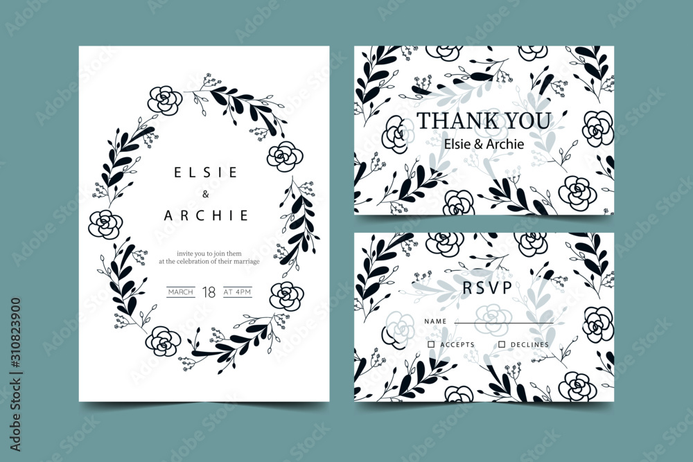 Wedding invitation with flowers in blue 