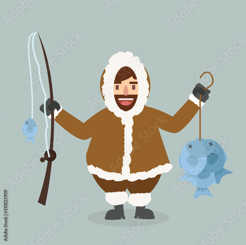 funny  Eskimo Cartoon  Fisherman vector