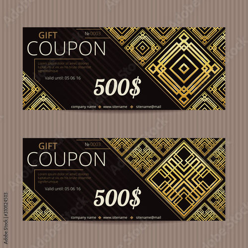 Two gift vouchers in luxury style. Vector discount cards. Aztec gold tiles. Golden and silver ornament.