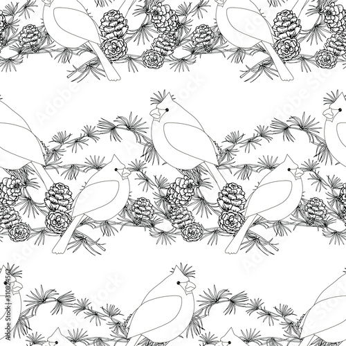 Cardinal on larch seamless pattern monochrome art design elements stock vector illustration for web, for print, for coloring book, for textile