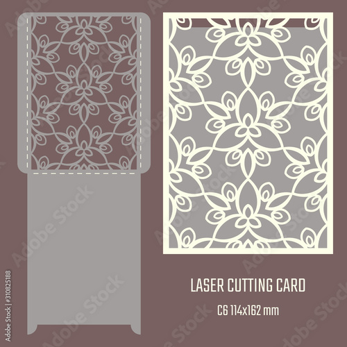 DIY laser cutting vector envelope. Wedding die cut invitation template. Cutout silhouette card. Scrapbook carved paperwork. Floral layout.