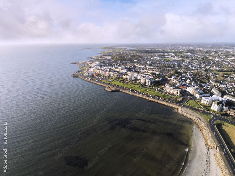 Aerial view on Salthil area of Galway city, Atlantic ocean, Sunny day, Cloudy sly. Popular tourists spot.
