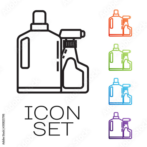 Black line Plastic bottles for liquid laundry detergent, bleach, dishwashing liquid or another cleaning agent icon isolated on white background. Set icons colorful. Vector Illustration