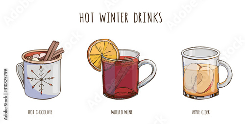 Set of popular hot winter drinks isolated on white. Colorful vector images of Christmas beverages and cocktails. Hot chocolate, mulled wine, cider. Winter special. Menu decoration. Modern lettering