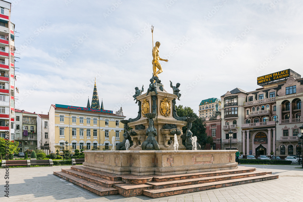 \Neptune Fountain in the Theater Square in front of the Batumi State Drama Theater named I. Chavchavadze in Batumi city in Georgia