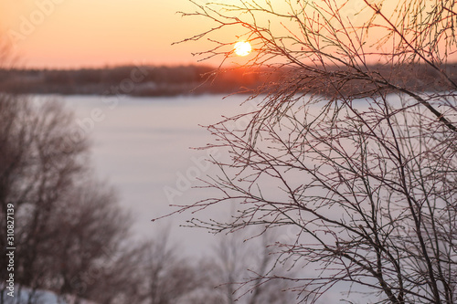 Φωτογραφία The winter landscape of sun shines through the branches of frozen trees against the surface of the frozen lake