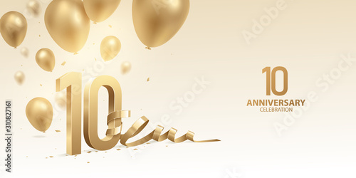 10th Anniversary celebration background. 3D Golden numbers with bent ribbon, confetti and balloons.