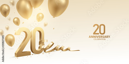 20th Anniversary celebration background. 3D Golden numbers with bent ribbon, confetti and balloons.