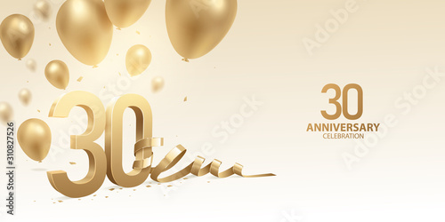 30th Anniversary celebration background. 3D Golden numbers with bent ribbon, confetti and balloons.