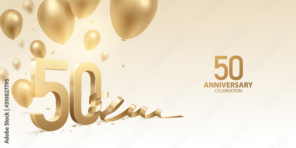 foto Petulance Bron 50th Anniversary celebration background. 3D Golden numbers with bent  ribbon, confetti and balloons. Stock Vector | Adobe Stock