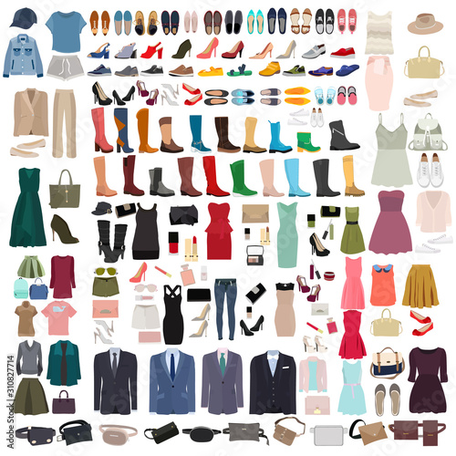 vector, isolated, set of shoes, bag and clothes