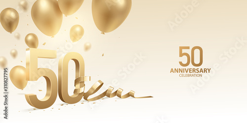 50th Anniversary celebration background. 3D Golden numbers with bent ribbon, confetti and balloons. photo