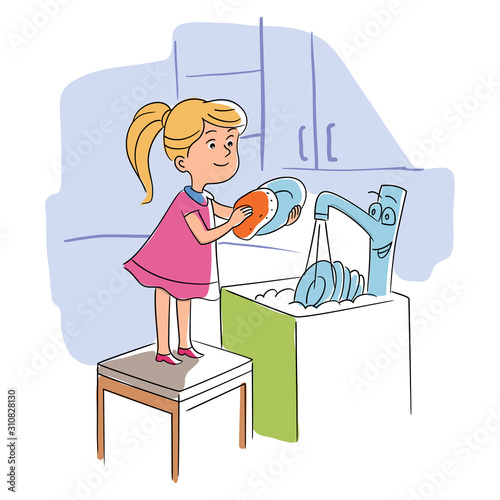 Little happy girl helper washing dish in kitchen