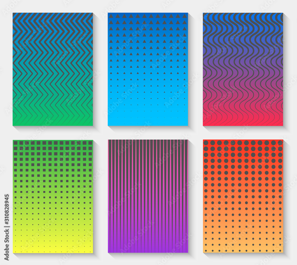 Set of modern abstract colorful backgrounds with a geometric linear pattern for brochures, booklets, flyers, posters, books, cards. Cover design template. Vector illustration. Set of modern abstract colorful backgrounds with a geometric linear pattern for brochures, booklets, flyers, posters, books, cards. Cover design template. Vector illustration.