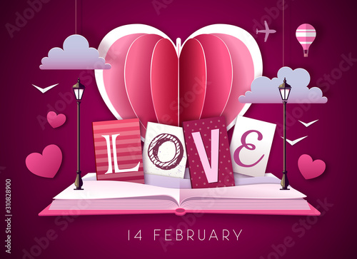 Open fairy tale book with valentine love heart. Happy Valentine`s day background. Cut out paper art style design