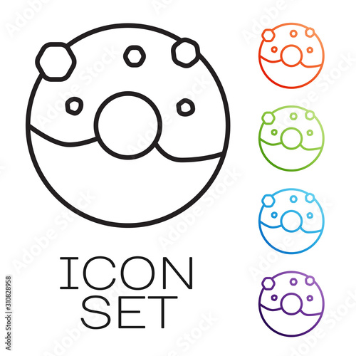 Black line Donut with sweet glaze icon isolated on white background. Set icons colorful. Vector Illustration