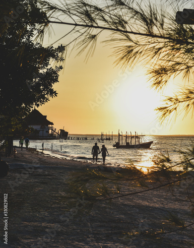 Romantic couple walking during a beautiful sunset
