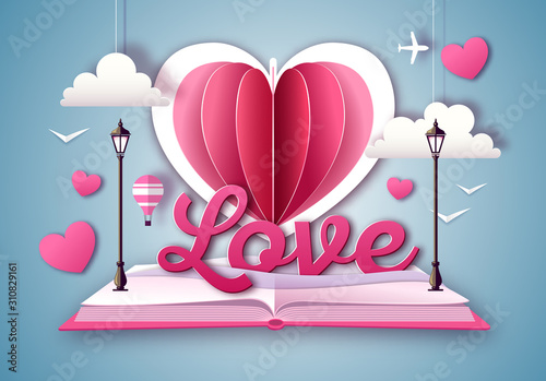 Open fairy tale book with valentine love heart. Happy Valentine`s day background. Cut out paper art style design