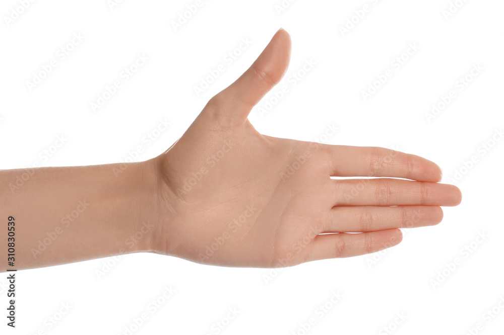 Woman making frame with hand on white background, closeup Woman making frame with hand on white background, closeup