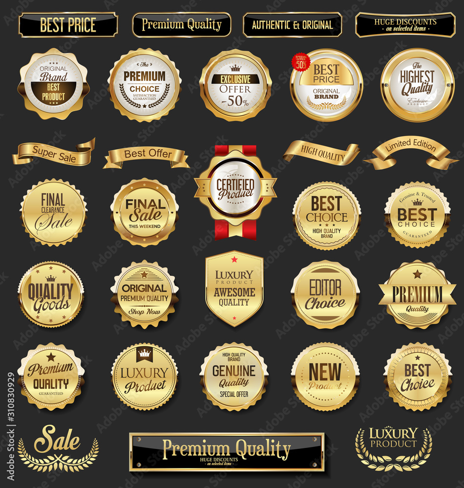 Obraz premium Collection of golden badges and labels retro style