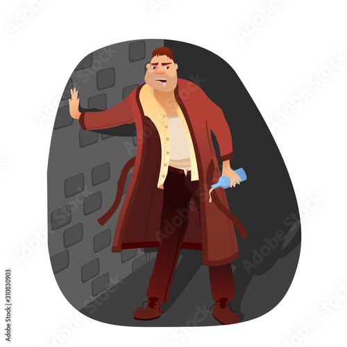 Alcoholic walking with bottle on street cartoon